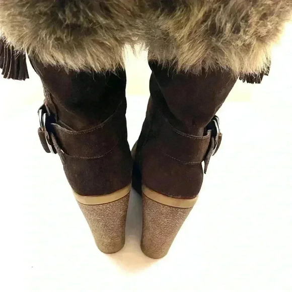Marc Fisher Brown Suede “70’s” Rubber Wedge Faux Fur Top Buckle Boots Size 9M - Picture 12 of 16